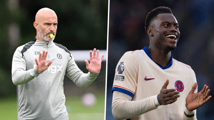 Picture one Enzo Maresca issues instructions during Chelsea training session. Picture two Benoit Badiashile playing for Chelsea against Leicester C...