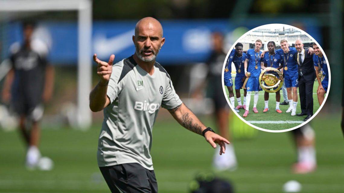 Chelsea boss Enzo Maresca working on a training pitch at Cobham. Inset, Chelsea players celebrate after winning the Club World Cup.