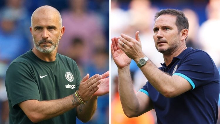 Picture one Chelsea manager Enzo Maresca applauds the fans during the pre-season friendly against AC Milan. Picture two Frank Lampard as the Chelse...
