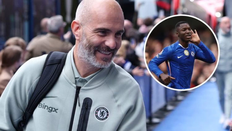 Chelsea manager Enzo Maresca before facing Liverpool in the Premier League. Inset, Moises Caicedo celebrate scoring for Chelsea against Liverpool i...