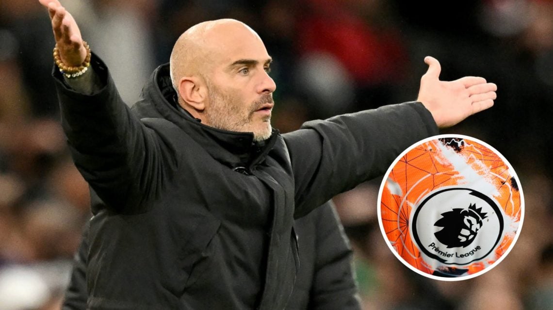 Enzo Maresca reacts during Manchester United vs Chelsea in the Premier League. Inset, the Premier League logo on the 2023/24 football.