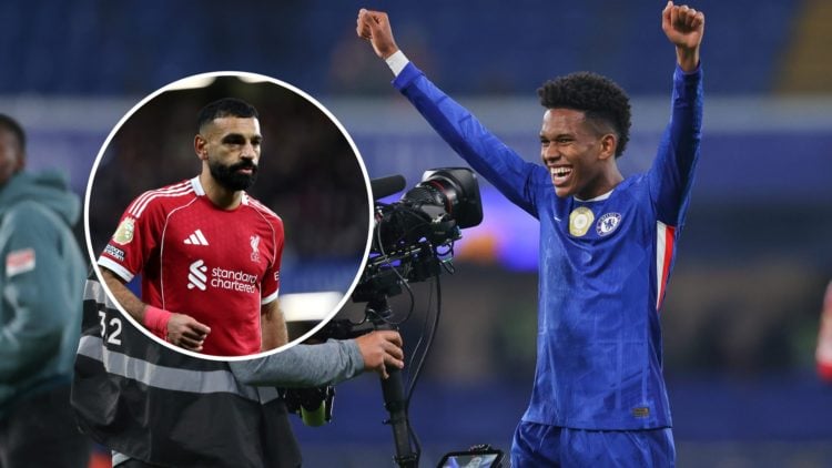 Estevao Willian celebrates during Chelsea v Liverpool - Premier League. Inset: Mohamed Salah looks on during Chelsea v Liverpool - Premier League