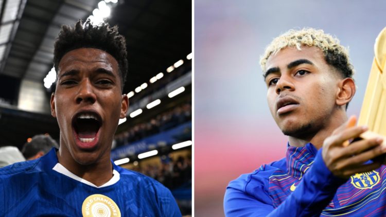 Estevao Willian (left) clebrating a goal for Chelsea against Liverpool, and Lamine Yamal (right) holding the Kopa trophy.
