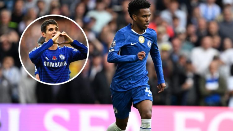 Estevao Willian dribbling with the ball during Chelsea against Brighton in the Premier League. Inset, Oscar celebrates scoring for Chelsea against ...