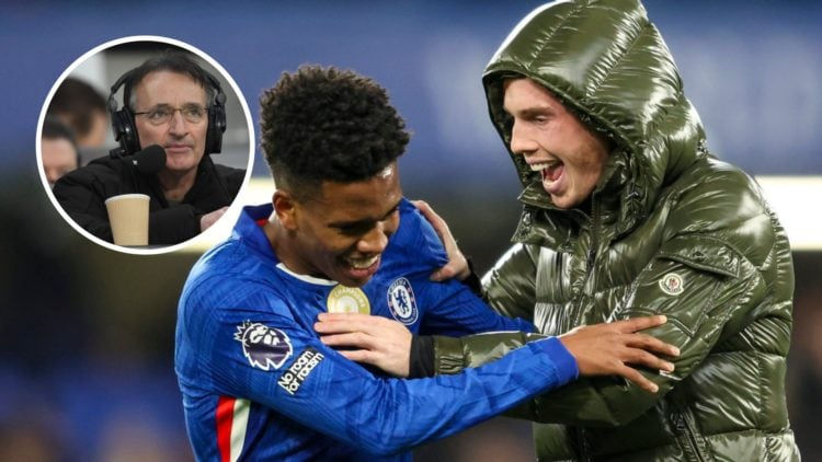 Estevao Willian celebrates with Cole Palmer after Chelsea beat Liverpool in the Premier League. Inset, Pat Nevin working as a pundit for the Premie...