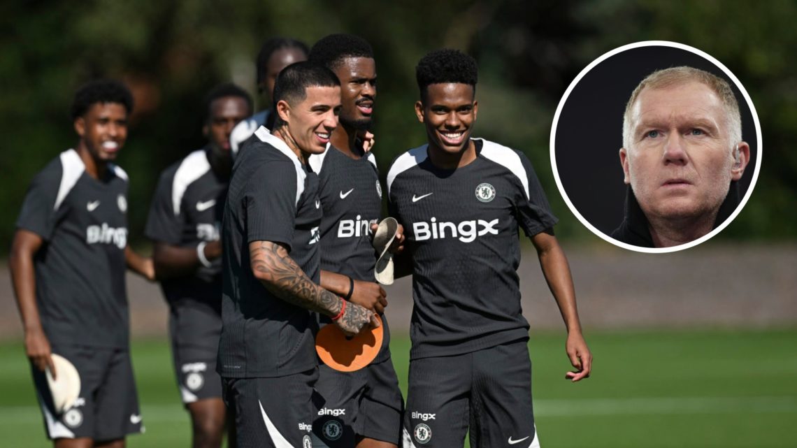 Enzo Fernandez, Jorrel Hato and Estevao Willian in Chelsea training. Inset, Manchester United legend Paul Scholes as a pundit in the Champions League.
