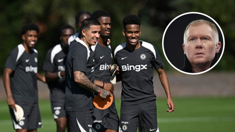 Enzo Fernandez, Jorrel Hato and Estevao Willian in Chelsea training. Inset, Manchester United legend Paul Scholes as a pundit in the Champions League.
