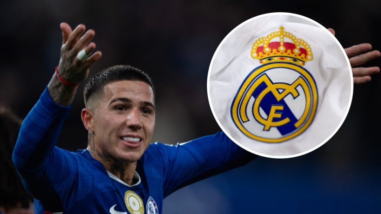 Enzo Fernandez celebrates during Chelsea v Liverpool - Premier League. The Real Madrid badge detailed in UEFA Champions League 2024/25 League Phase...