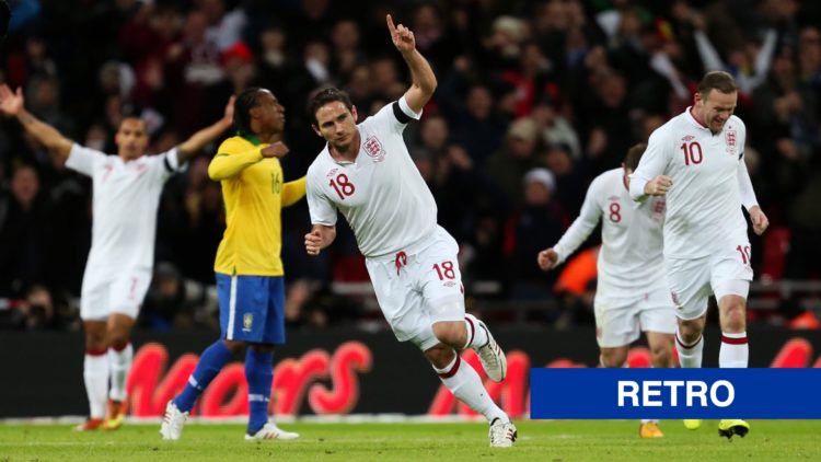 England midfielder Frank Lampard celebrating his goal against Brazil