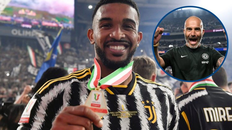Juventus defender Gleison Bremer with medal, inset Chelsea manager Enzo Maresca celebrating win