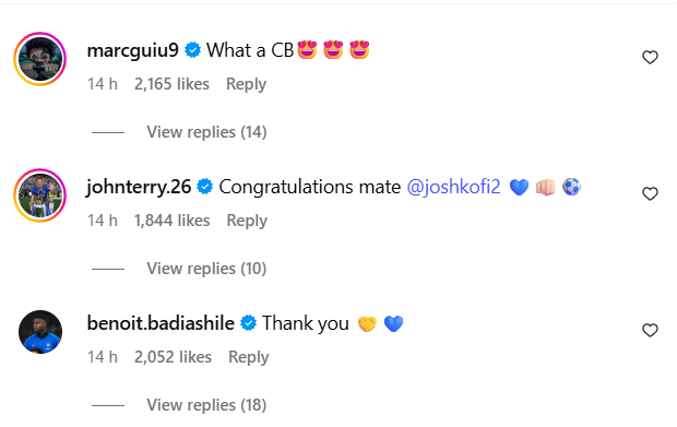 Marc Guiu, John Terry and Benoit Badiashile respond to Josh Acheampong's Instagram post