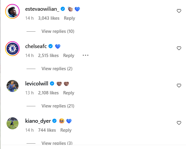 Estevao Willian, Levi Colwill and Kiano Dyer respond to Josh Acheampong's Instagram post