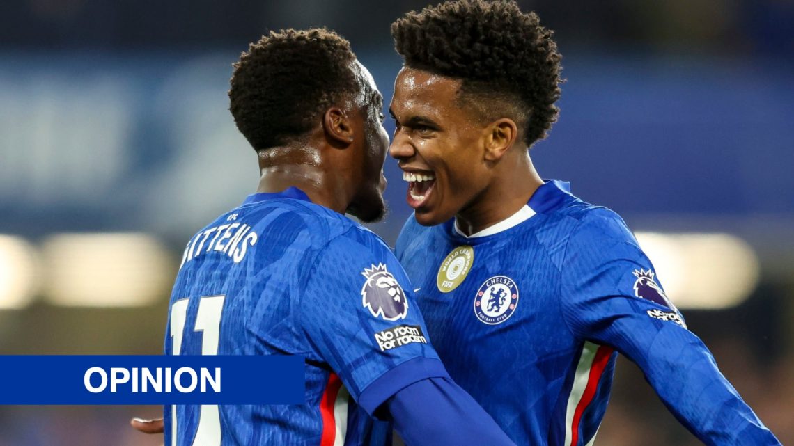 Chelsea wingers Jamie Gittens and Estevao Willian hugging