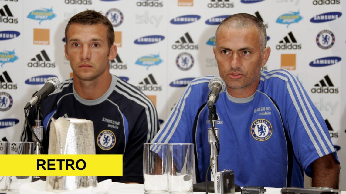 Jose Mourinho and Andriy Shevchenko appearing in front of the press after Chelsea move.