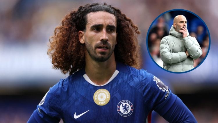 Marc Cucurella playing for Chelsea against Fulham, inset Enzo Maresca looks on during Chelsea v Brighton & Hove Albion