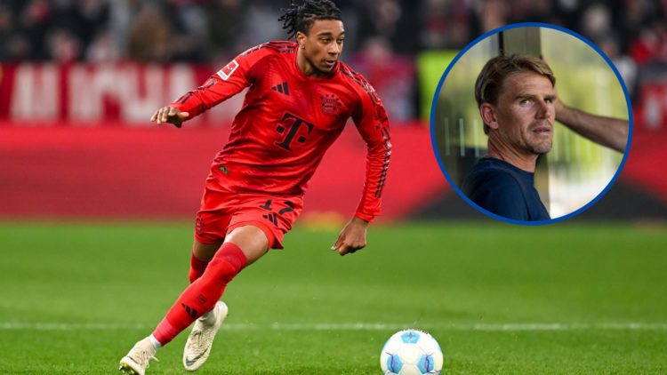 Michael Olise playing for Bayern Munich against RB Leipzig in the Champions League, inset Christoph Freund at Red Bull Salzburg friendly