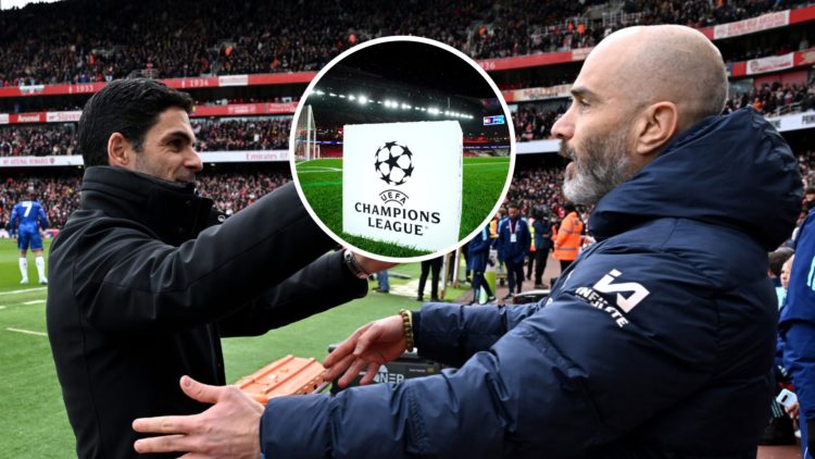 Arsenal manager Mikel Arteta embraces with Chelsea manager Enzo Maresca before competing in a Premier League match. Inset, the Champions League log...