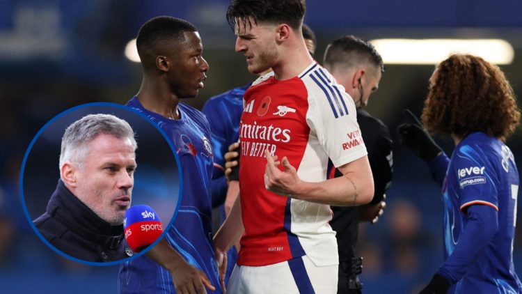 Chelsea's Moises Caicedo and Arsenal's Declan Rice confronting each other, inset Jamie Carragher provides punditry during Manchester City v Liverpool
