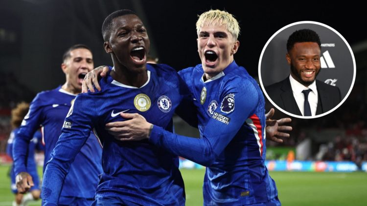 Chelsea's Moises Caicedo celebrating goal against Brentford. Inset, former Chelsea star John Obi Mikel at The Best FIFA Football Awards.