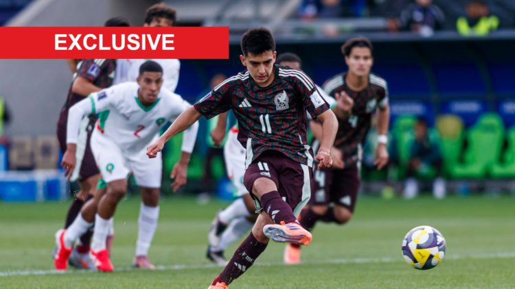 Gilberto Mora scores a penalty during Mexico v Morocco: Group C - FIFA U-20 World Cup Chile 2025
