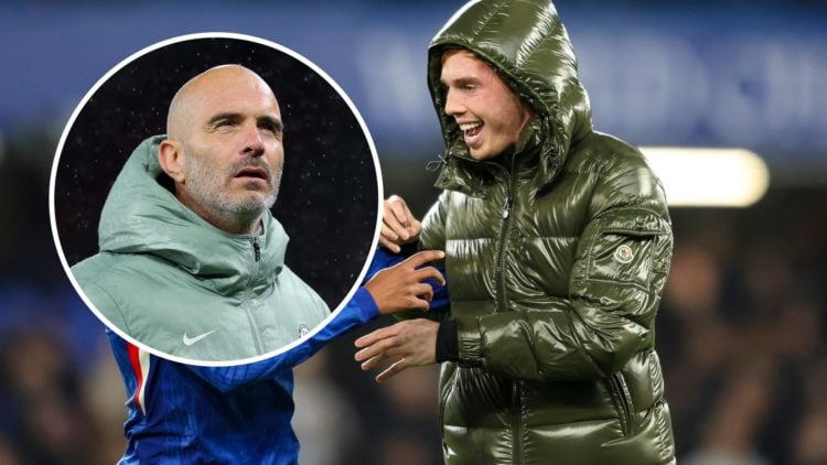 Cole Palmer celebrates with Estevao Willian after Chelsea v Liverpool - Premier League. Inset: Enzo Maresca looks on after Manchester United v Chel...