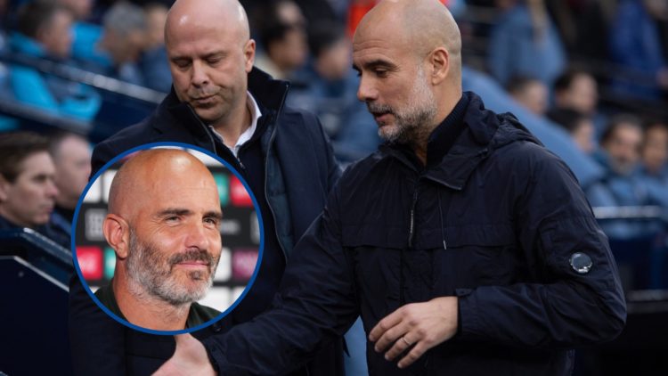 Manchester City's Pep Guardiola and Liverpool's Arne Slot exchange pleasantries ahead of Premier League clash, with overlay of Chelsea's Enzo Mares...