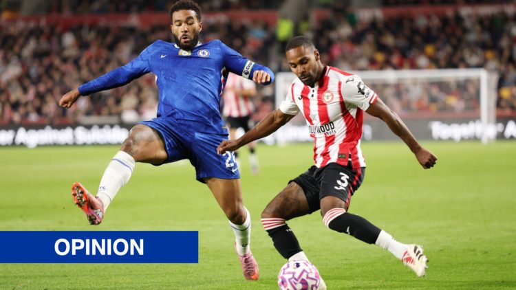 Chelsea defender Reece James defending against Brentford