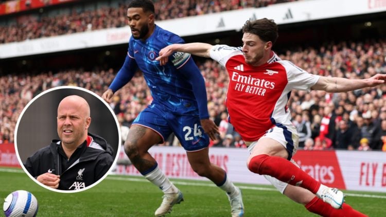 Chelsea's Reece James and Arsenal's Declan Rice compete for the ball. Inset, Liverpool manager Arne Slot in a training session.