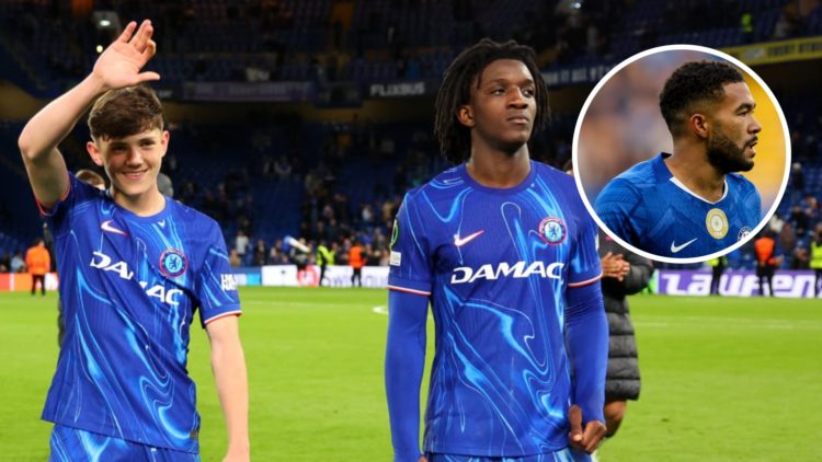 Reggie Walsh and Shumaira Mheuka after Chelsea against Djurgarden in the Conference League. Inset, Reece James playing for Chelsea against Liverpoo...