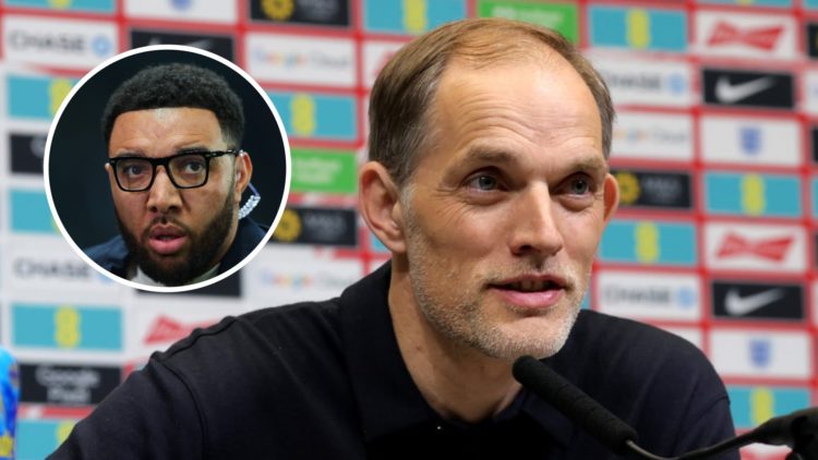 Thomas Tuchel, head coach of England, speaks to the media during a press conference. Inset, pundit Troy Deeney during game between Newcastle and Ar...