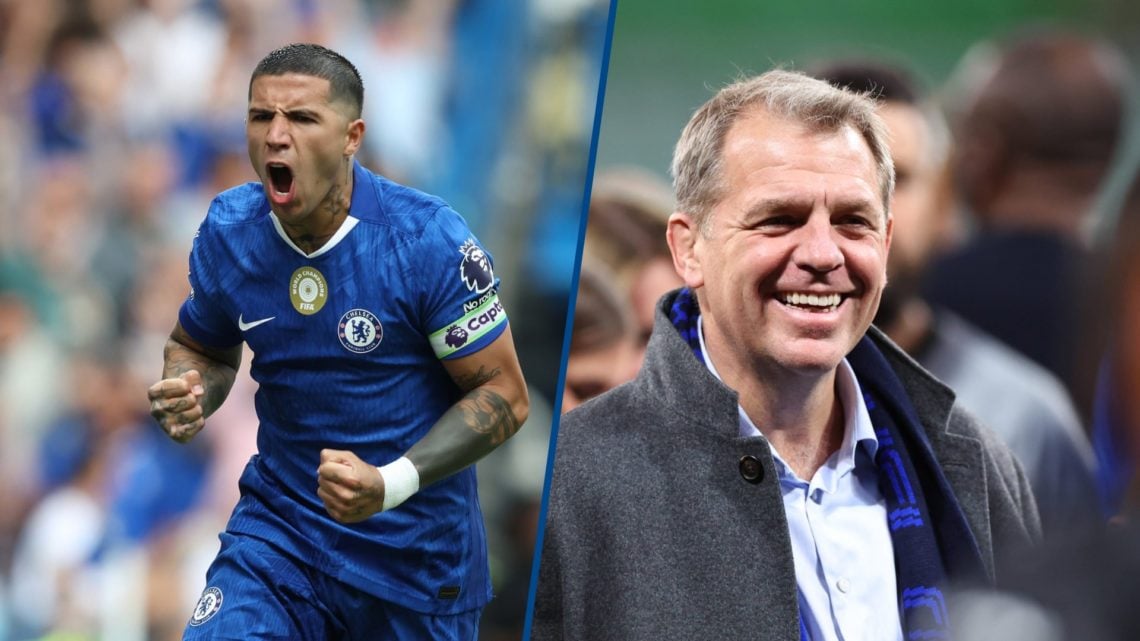 Split image - Todd Boehly celebrates Chelsea beating Real Betis in the Conference League final and Enzo Fernandez celebrating goal against Fulham