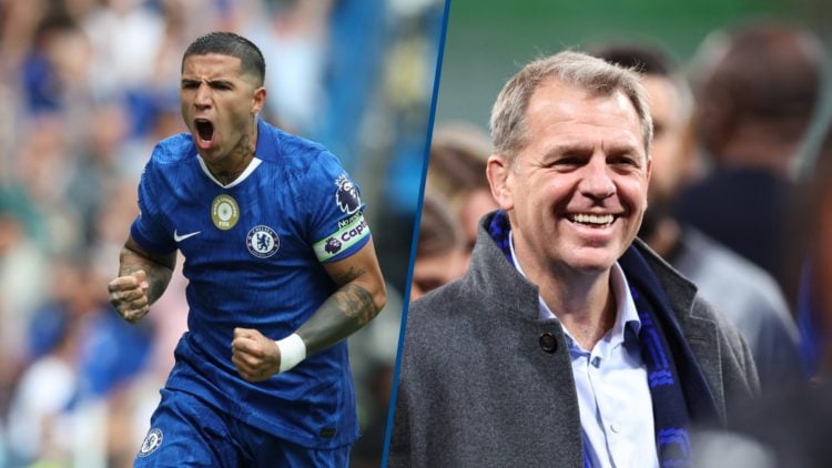 Split image - Todd Boehly celebrates Chelsea beating Real Betis in the Conference League final and Enzo Fernandez celebrating goal against Fulham