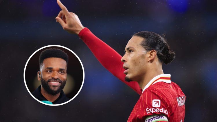 Liverpool captain Virgil van Dijk giving instructions to his teammates with overlay of pundit and former striker Darren Bent (left).
