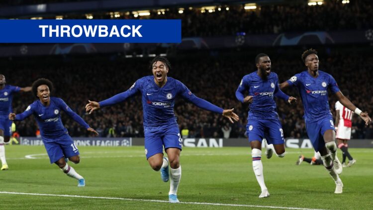 Willian, Reece James, Fikayo Tomori and Tammy Abraham celebrate after Chelsea's goal against Ajax in the Champions League.