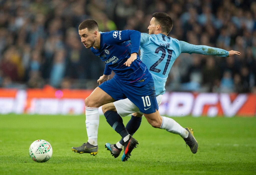 Eden Hazard battles with David Silva during Chelsea v Manchester City - Carabao Cup Final