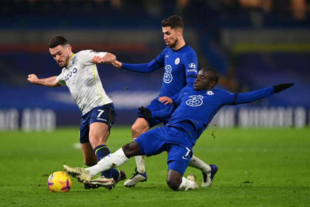 N'Golo Kante and Jorginho trying to win the ball back for Chelsea