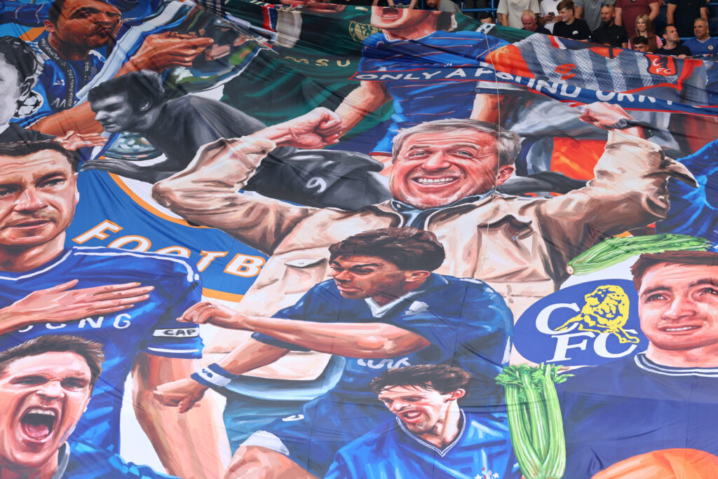 Roman Abramovich, former Chelsea owner is seen on a Chelsea mural displayed by the fans inside the stadium prior to the Premier League match between Chelsea and Watford