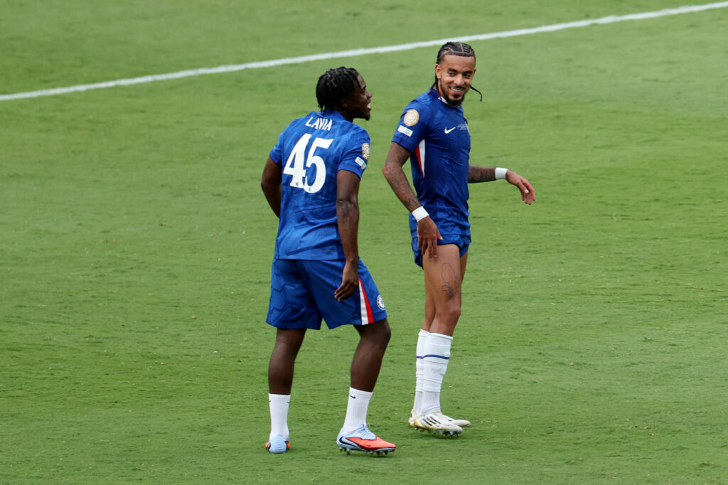 Chelsea duo Romeo Lavia and Malo Gusto on the pitch