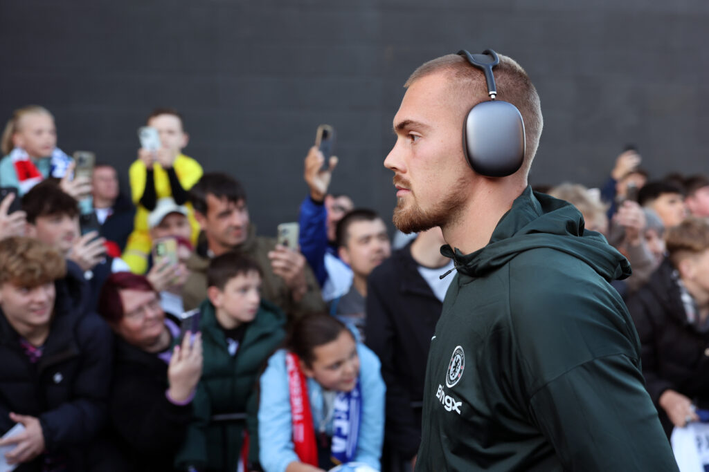 Chelsea goalkeeper Filip Jorgensen arriving at match