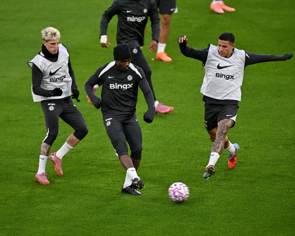 Romeo Lavia on the ball in Chelsea training session