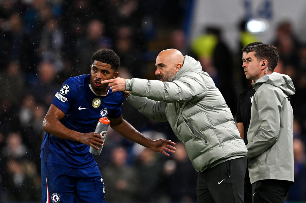 Chelsea manager Enzo Maresca giving instructions to Wesley Fofana