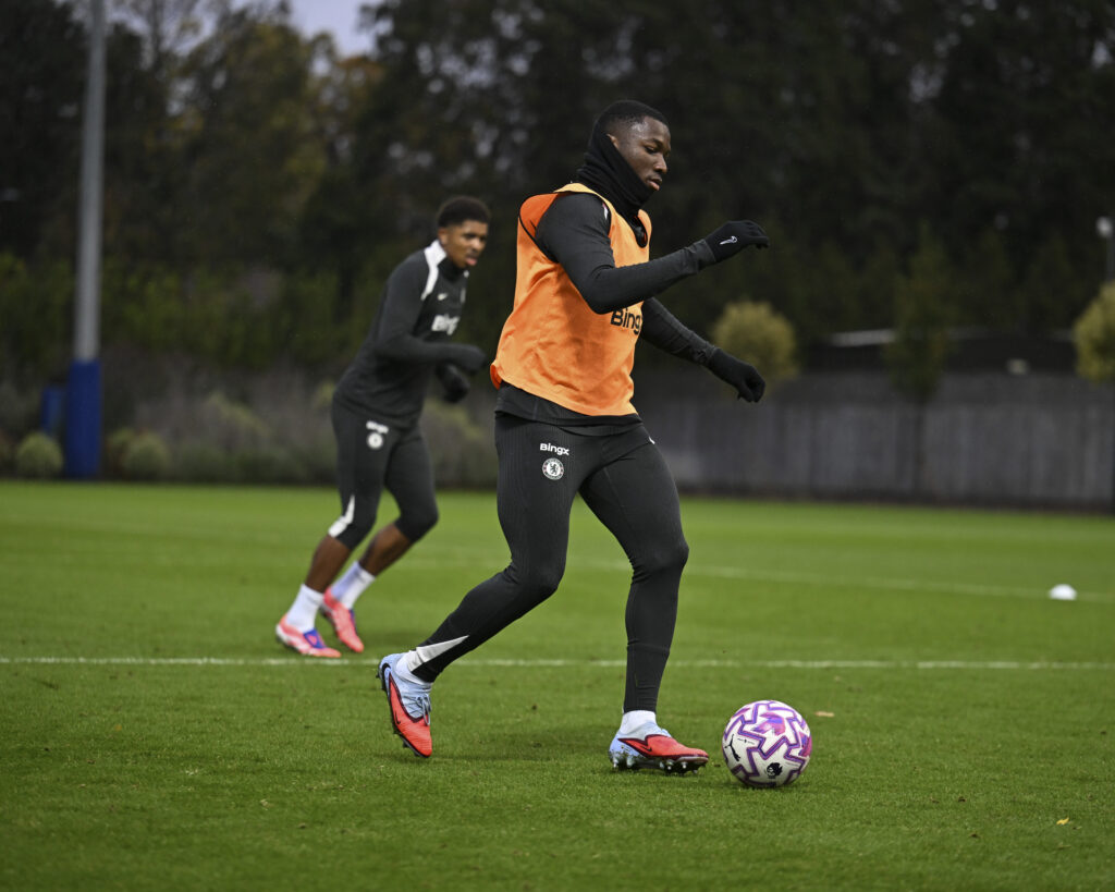 Moises Caicedo in a Chelsea training session at Cobham.