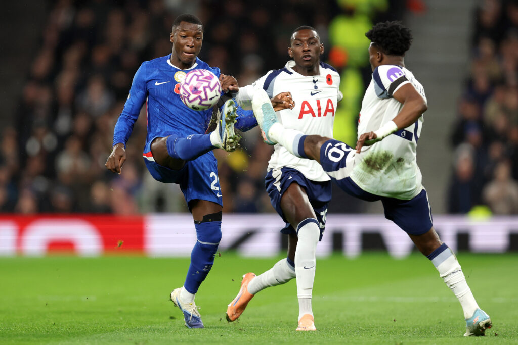 Chelsea's Moises Caicedo competes in midfield against Tottenham in the Premier League.
