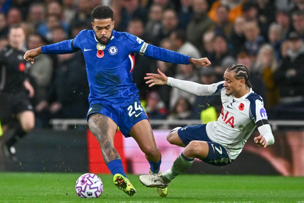 Chelsea defender Reece James knocks Tottenham attacker Xavi Simons off the ball