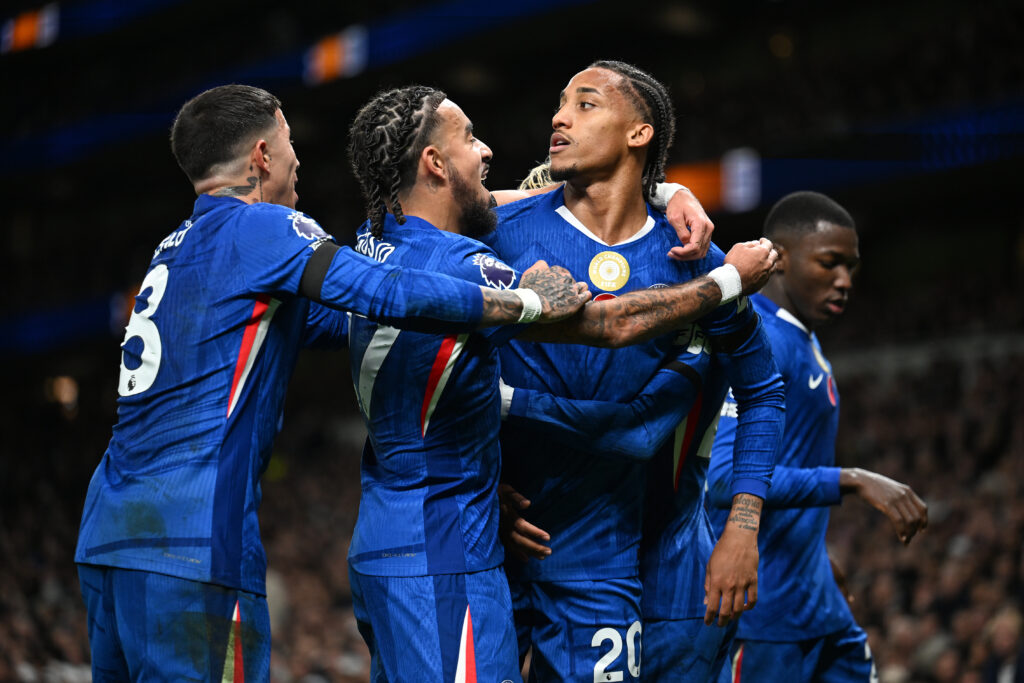 Joao Pedro celebrates with his Chelsea teammates after scoring against Tottenham in the Premier League.