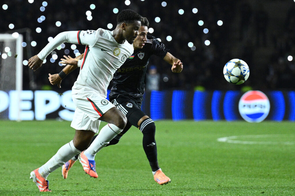 Chelsea defender Jorrel Hato fighting for the ball