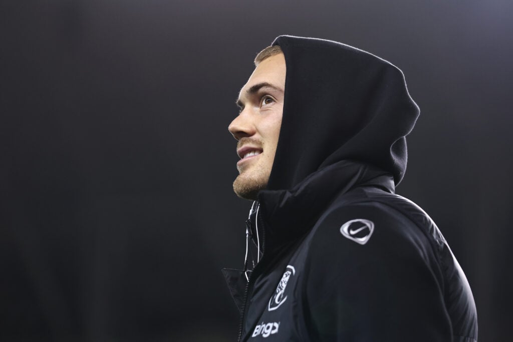 Filip Jorgensen of Chelsea inspects the pitch