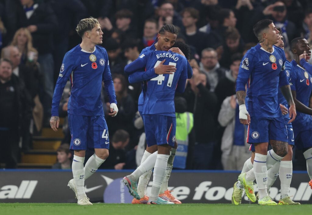 Joao Pedro and Estevao Willian hugging after Chelsea goal
