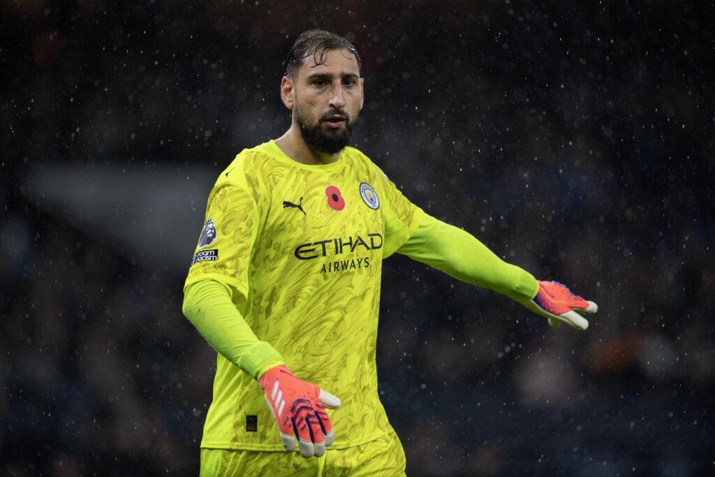 Manchester City goalkeeper Gianluigi Donnarumma pointing