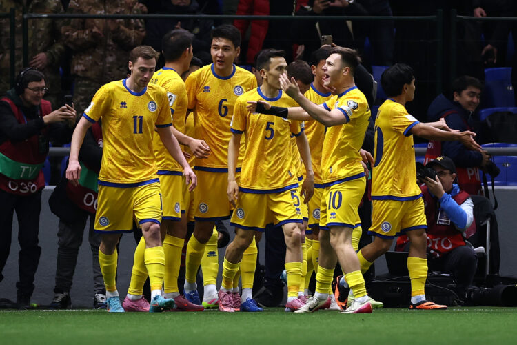 Hidden of Kazakhstan celebrates scoring his team's first goal with teammates during the FIFA World Cup 2026 qualifier match between Kazakhstan and Belgium at Astana Arena on November 15, 2025 in Astana, Kazakhstan. (Photo by Denis Tyrin - UEFA/UEFA via Getty Images